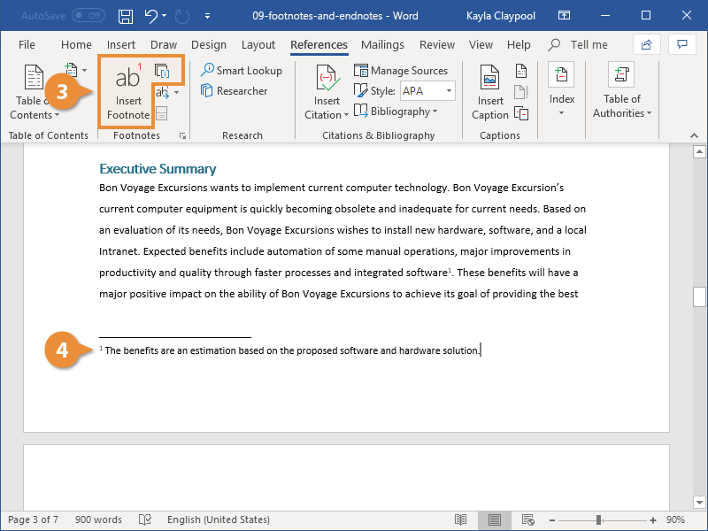 Adding footnotes in Word